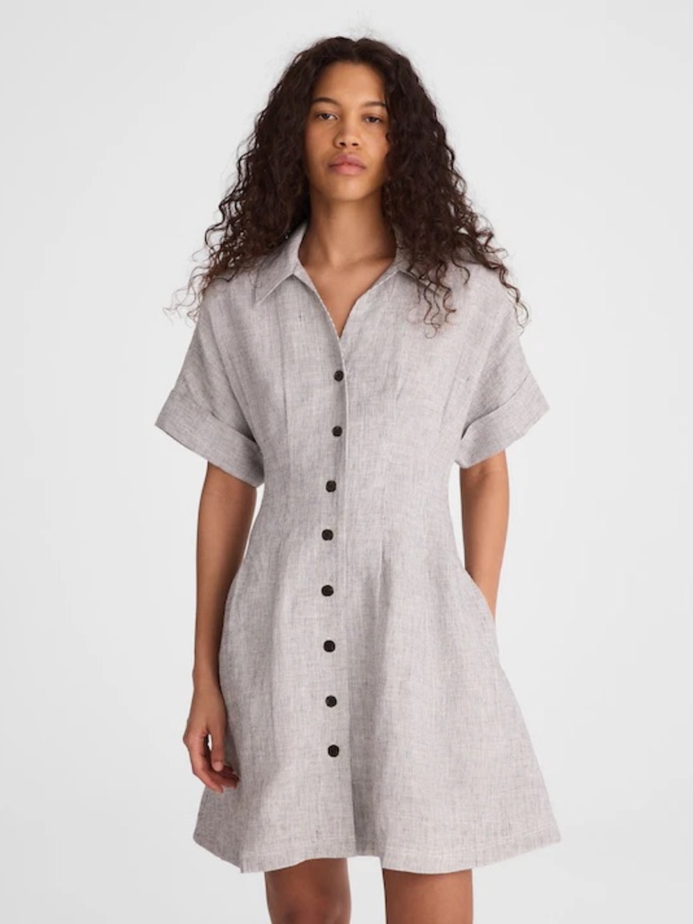 Madewell Button-Front Short Sleeve Linen Dress in black & white stripes